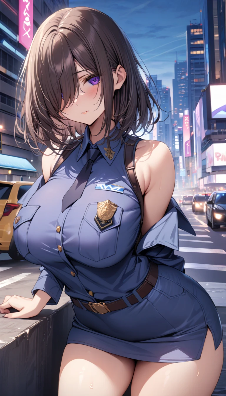 (Highest quality,8k,32K,masterpiece,Ultra-high resolution :1.2 ),born,One person,Super cute,Natural light,Clear, shining eyes,20-year-old,Fair skin,Fantasy background in the city,Police Officer,Upper body in underwear,bra,Large Breasts,Policewoman,Brown Hair,short hair