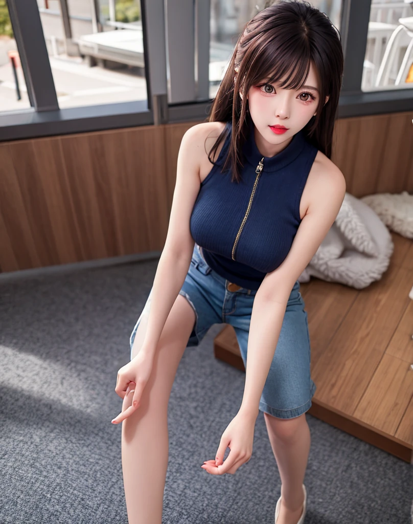 (best quality:1.5), (masterpiece:1.5), full body, very detailed, high resolution, 8k, cute Japanese woman, cute 27 year old beauty, (medium breasts), thin lips, detailed face, Beautiful and elegant face, cute face, natural bangs, arched eyebrows, well-groomed eyebrows, (big eyes with a good balance between the left and right sides), cute eyes, beautiful eyes, beautiful thin nose, beautiful face line, (beautiful skin), medium Hair, (natural bangs), (looking at the camera with a Gentle smile), beautiful legs, smooth skin skin, fair skin, (Slender body:1.5), (Natural Light:0.8), (lighting forward:0.8), (lighting front:0.8), (Flat lighting:0.8), Gentle smile, Detailed fingers, beautiful hands, Beautiful cleavage, Kneeling, (Knit dresses), (sexy sweaters),