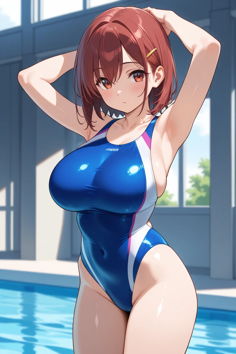 (Perfect body),Best Quality,(8K Portrait),(Official art)、((NSFW))、((adult woman))、(((Surprised)))、is crying、embarrassed from、1girl in,((((:o))))、(((Wavy mouth)))、(blush),(Sweat),(((huge-breasted)))、((thick thighs))、((big butts))、((Brown hair)),(Parted bangs)、((Short hair))、((Forehead))、(White and blue leotard)、((((ripped clothing))))、((Brown-eyed))、Cowboy Shot、Electronic space、Hands behind the head、Armpits、spreading legs