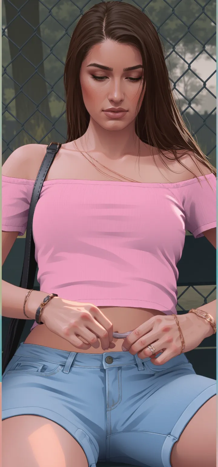 Make a digital figurine with the following specifications Top: Pink glitter top with pink waistband with thin shoulder straps and a V-shaped neckline with pink glitter tulle drop sleeves. 
Bottom: Short cargo skirt in dark blue with large pockets on the sides and two on the back .