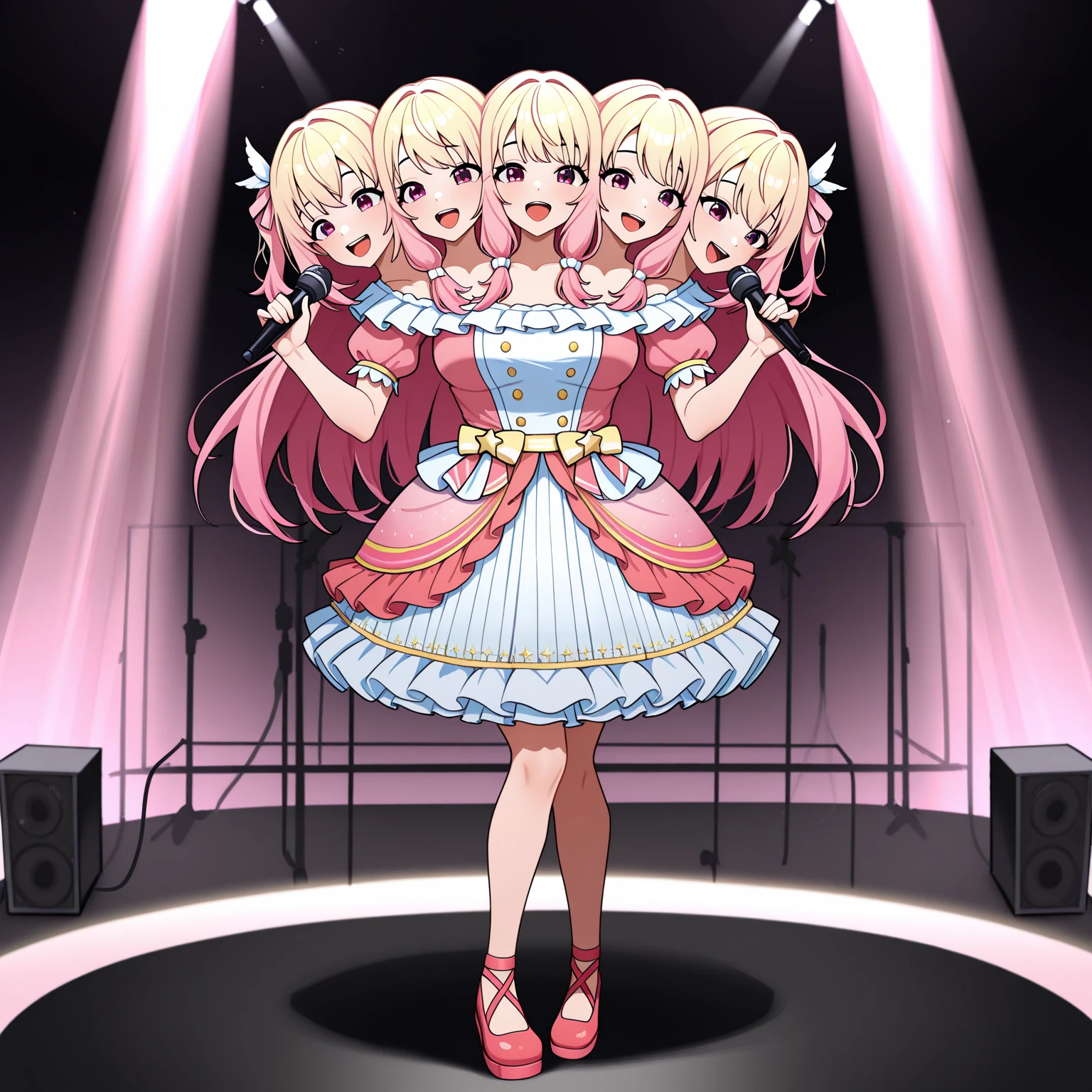 masterpiece, best quality, absurdres, full body, conjoined, 4girls, 4 heads, multiple girls, idol girl on stage, singing, smile open mouth, dress, long hair, stage light, holding microphone, solo, chek-to-cheek, rating_safe