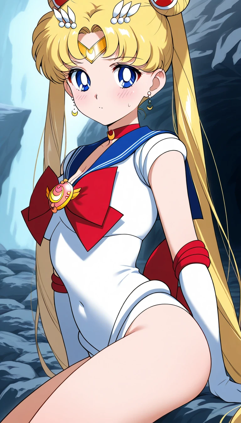sailor moon, 1girl, 1boy, sex, (giant penis: 1.2), vaginal insertion, aausagi, long hair, double bun, twintails, hair ornament, parted bangs, tiara, earrings, blue eyes, heart choker, blue sailor collar, red bow, white shirt, see-through, elbow gloves, white gloves, multicolored skirt, white skirt, absurd stomach bulge, shirt pulled up, torso bulge