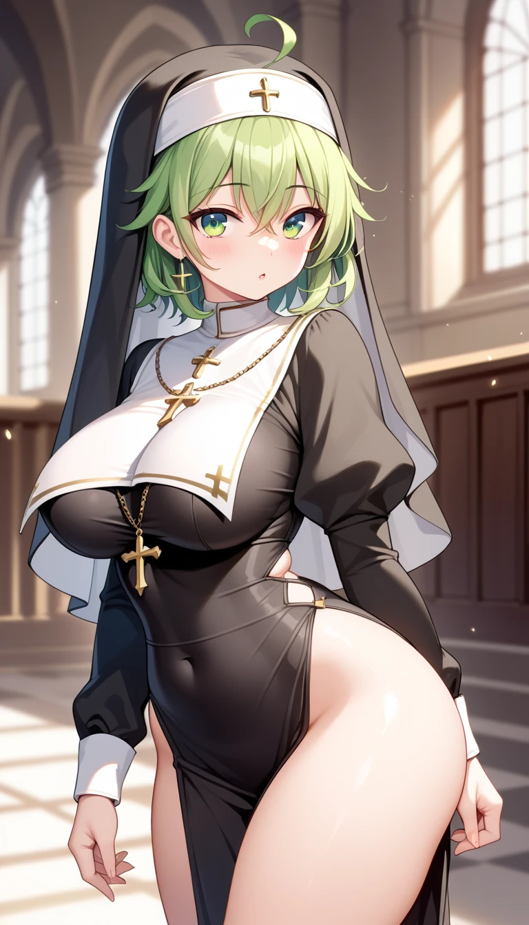 ultra-detailed, masterpiece, perfect anatomy, Precise, High Quality, best quality, high resolution, (illustrated:0.7), (realistic:1.4), (beautiful detailed eyes:1.8), 1 lady, 24 old, extra long hair,(bangs:1.4), (hair between eyes:1.5),wavy hair,(green hair:1.4), green eyes, (big eyes:1.6), large breast, (crossed bangs:1.2) , hairs between eyes,(nun:1.4), light leaks, (nose blush:1.2), ancient church, stained glass, nipples, nsfw, (1boy:1.2), (penis:1.2), (imminent penetration:1.2), lying, on back, spread legs