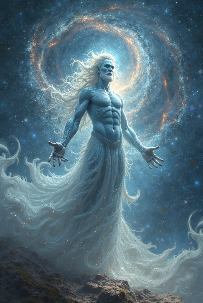 Male Celestial Humanoid with dark blue skin, longos cabelos brancos, galaxy eyes, big hole in the stomach with a galaxy inside, Arte Verdadeira, Full HD, realismo extremo