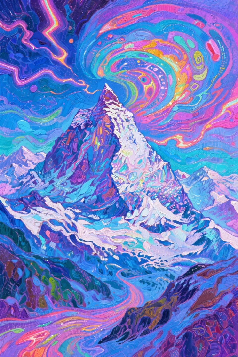 psychedelic stream of consciousness oil painting，Snow Mountain,[bright colors], [Psychedelic patterns ], [Sparkling Textures], [Abstract shapes], [ Unique Designs ], [Charming light], [Creative composition], [ Playful elements  ], [fantastic atmosphere], [Artistic Expression], [fantastic surrealism], [ Energy movement ], [Futuristic Aesthetics], [ Magical charm ], [Bold and Vibrant], [ 迷幻氛围], [ neon], [Eclectic Combinations], [Extraordinary Beauty], [Otherworldly Experience], [Innocent Fun Touch], [Sensory overload], [ Incredible Illusion ], [Electricity], [迷幻视觉], [Mysterious nature], [Striking Details], [ dynamic contrast], [ Psychedelic Colors ], [Exquisite Craftsmanship], [Attractive Vision], [Captivating perspective], [Unconventional Design], [Mind Expansion], [Unforgettable Shock].