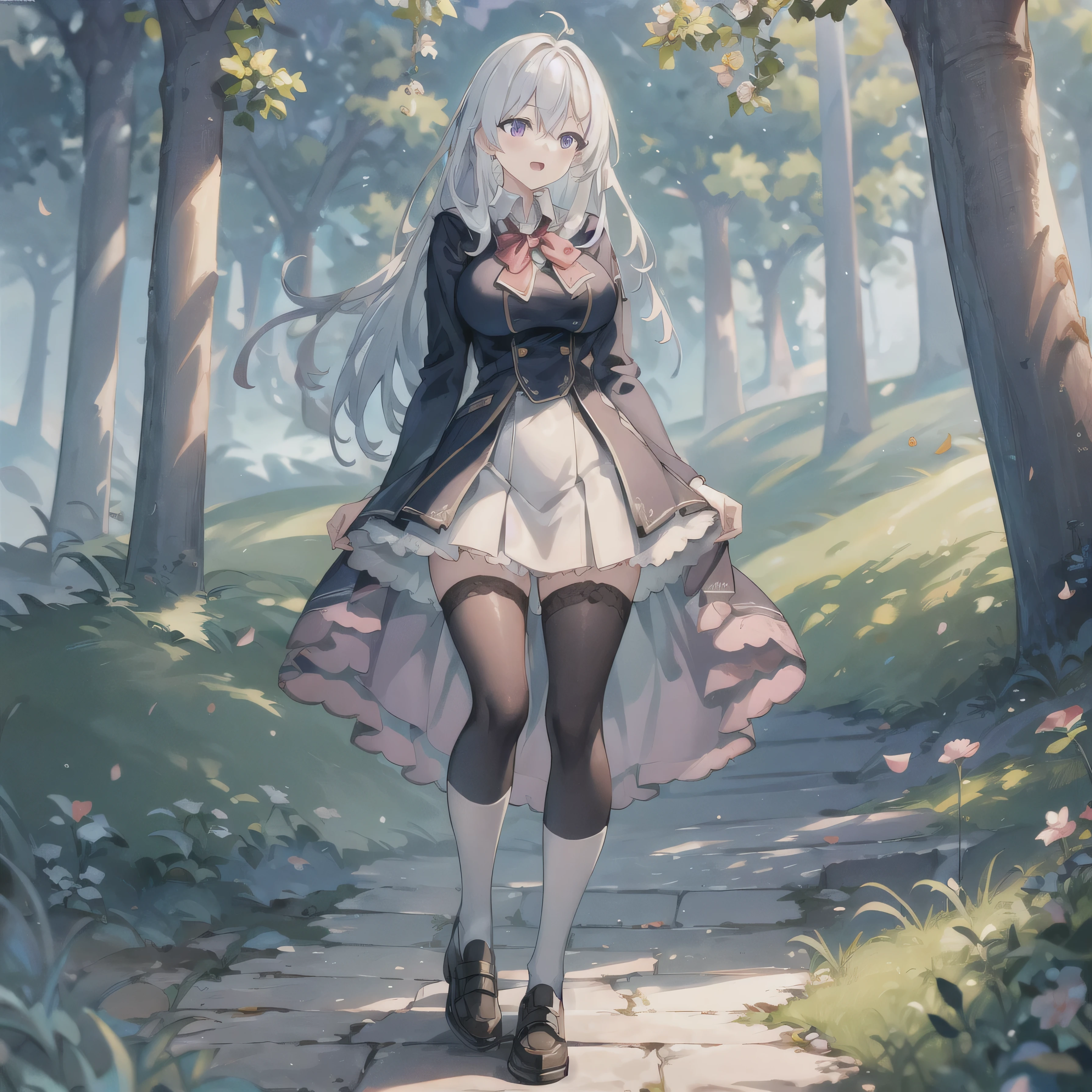 White hair,   long hair，（ Purple Eyes:1.5), (big breasts :1.2),pure ，white background，
1 girl,  school uniforms, df black shoes,   open mouth  , outdoor,wind, Game CG Break,,( Masterpiece), (best quality), (super detailed), is very beautiful, Newest, Beauty illustration, skin is super delicate, sHellony skin, ( Masterpiece), (best quality), (super detailed), is very beautiful,New, Newest, ,Hello ,feathers_,2023,2024, milk,Digital Media (artwork),  True Light , 4K,  8,000, Magic Forest ，grassland，