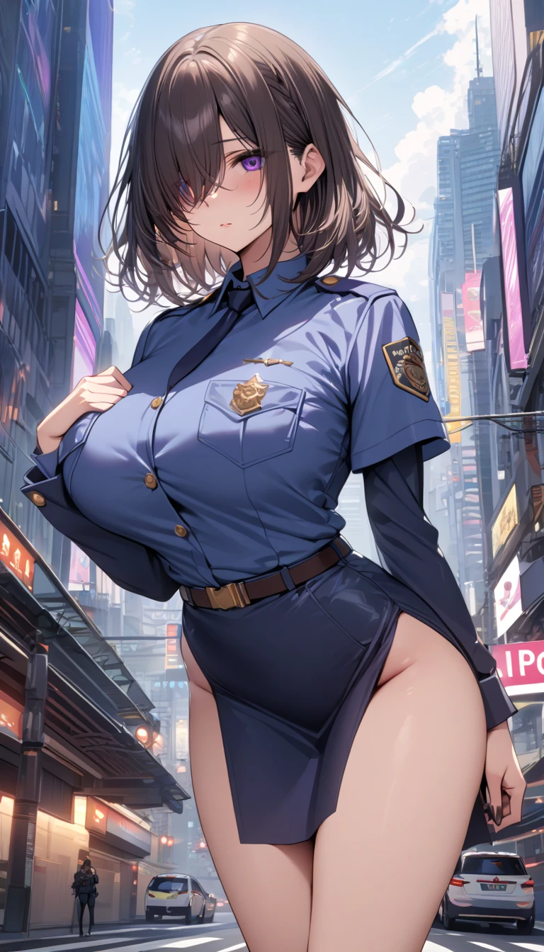 (((masterpiece, Highest quality, High resolution, 超High resolution, Perfect Pixel, Depth of written boundary, 4K, RTTX 10.0))), Beautiful Anime Woman, Beautiful art style, Anime characters, ((Smooth texture, Realistic texture, Anime CG Style)), Exact finger count、Exact number of legs、(Exact number of arms:1.0, Exact number of hands:1.0), (Perfect hands, Perfect Anatomy), Cinematic, Realistic, Extremely detailed CG, Daytime lighting, Perfect lighting, Best Shadow, The best natural light, whole body, Perfectly balanced style, A perfectly balanced body, (Slender body:1.2), whole body, ((bangs, Dark brown hair, Stylish and cute bob cut)), ((A cute woman is standing with her skirt lifted to show her panties:1.3)), ((Female police officer, uniform, limited cap, uniformのボタン, tie, uniformのジャケット), Leather shoes, Name tag, uniformのパッチ, Police Badge, boots, Epaulettes, uniformのスカート:1.3), ((Sexy and cute panties, (Stylish shiny light blue satin panties:1.2), Side-tie panties, Small lace panties:1):1.3), (beautiful and very large breasts:1.1), Feeling embarrassed, (blush:1.2), (Embarrassed expression:1.4), (In town, Cityscape:1.5), Angle from the front