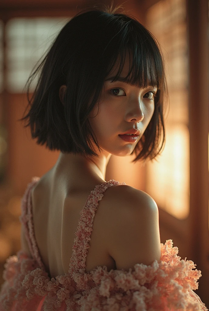 EDITORIAL PHOTOGRAPHY,  Super Detailed Backgrounds  ,Super Real, Shade,depth of field, perfect anatomy、Goddess Amenouzumenomikoto 、full body、cool beauty super slim skinny video, Soft Focus Sepia Tone ,movie scene,It was transparent,Wabi-sabi,Shioriness,looking at the camera、Nipples、Geometric model witch costume,is looking away at the female genitals,  Super Short Straight Bob Hairstyle ,Japanese Mythology Worldview 、natural light、Heaven Realm