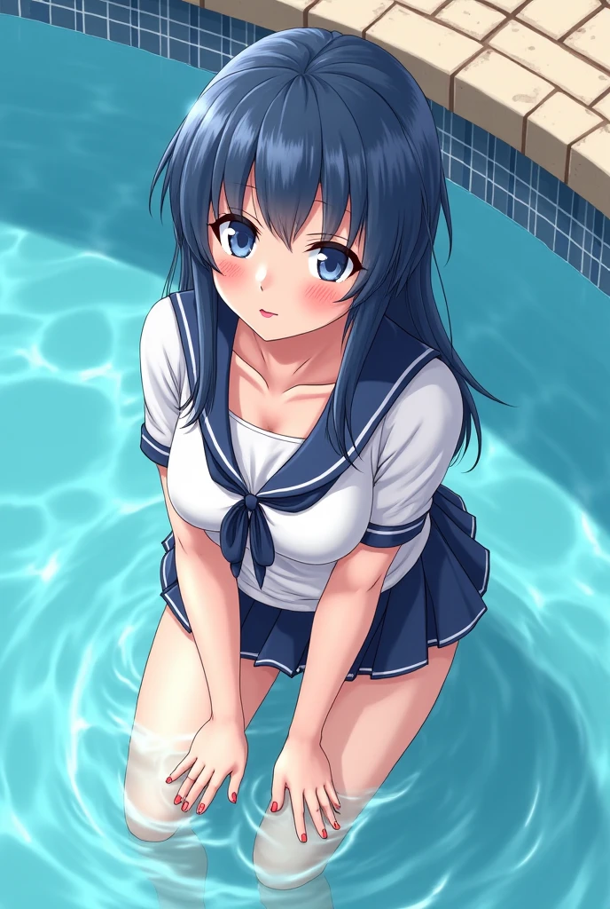 1 woman, HD quality, (ahegao:1.4), (orgasm:1.4), (drooling:1.3), (sheer white long thigh-high socks), (sheer white satin long gloves), (glowing eyes), best ratio four finger and one thumb,  (Large breasts), cleavage, (sitting on a poolside with one knee up:1.5), (showing  pubic area:1.7), at night, rainy, Green eyes, (Crop Top white shirt:1.5), (Micro thong:1.5), (under boob:1.5),  (Sailor uniform only for the upper body:1.5), blue sailor collar,(black high-heeled shoes), red ribbon tie