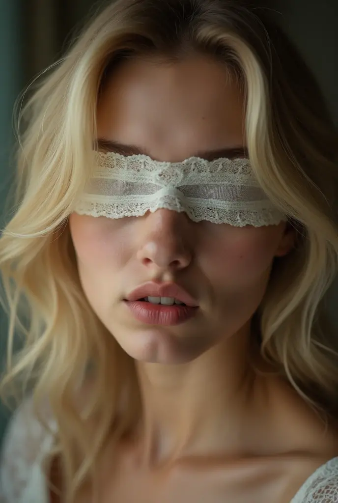 Castle setting, natural lighting, solo, athletic body, long blonde hair, sun shining in window, wearing white bikini, laying in bed, hands bound by rope, black blindfold,