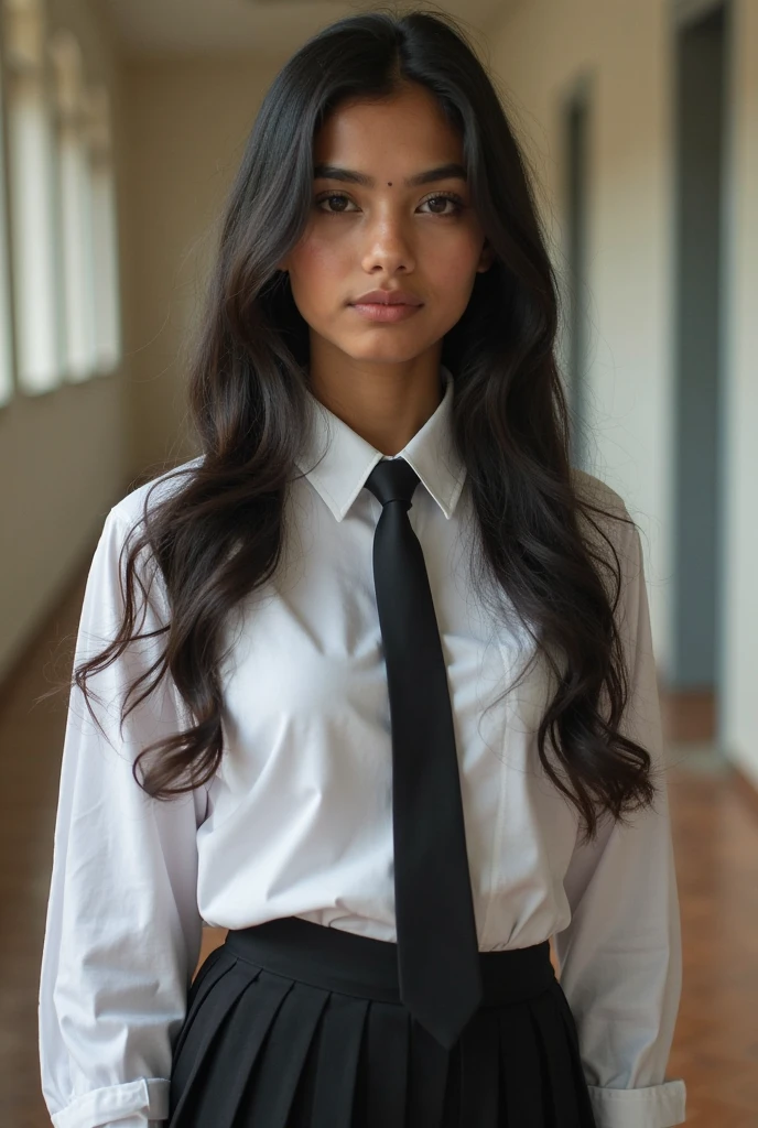 Two Indian girl in  posing for picture in  formal white long sleeve shirt and grey long skirtand having neck tie in grey colour , for formal pic