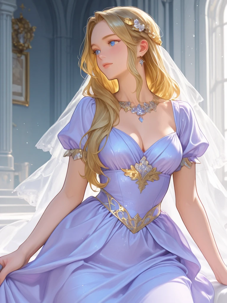 Wearing a blue dress、Blonde woman with veil, Beautiful fantasy girl, Detailed fantasy art, Beautiful fantasy art, Blonde Princess, artstation pixiv download artgerm, Beautiful girl, ((Beautiful fantasy queen)), 2. 5D CGI anime fantasy artwork, Fantasy art style, Detailed digital anime art, Fantasy style art