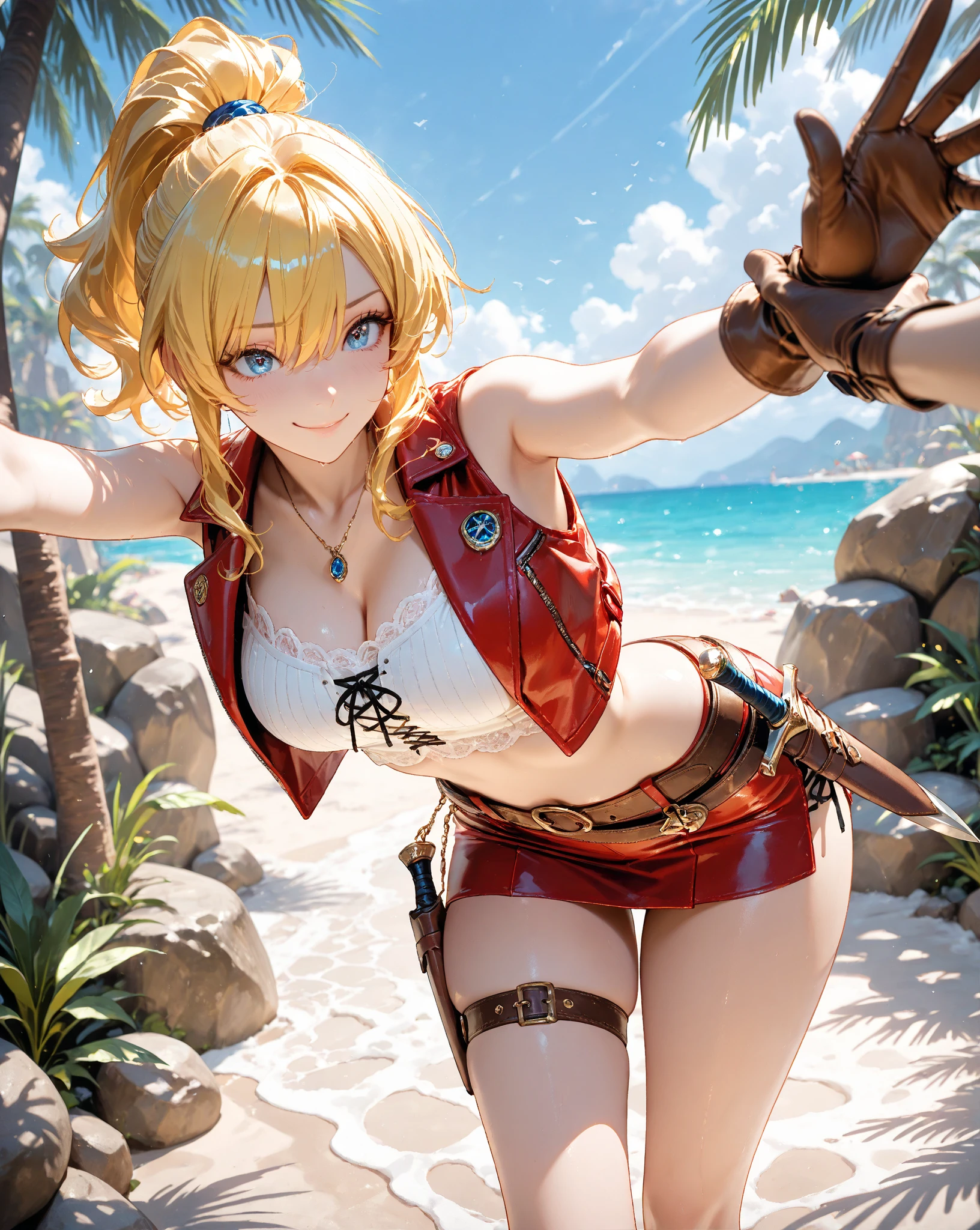 best quality, masterpiece, highres, solo, {z23_azurlane:1.15}, short_hair, blush, bangs, breasts, bow, blue_eyes, blonde_hair, hair_bow, cross, purple_eyes, iron_cross, open_mouth, medium_breasts, hair_between_eyes, 1girl, gloves, large_breasts, armor, bikini_armor, looking_at_viewer, navel, red_bikini, bare_shoulders, cleavage, red_armor, bikini, swimsuit, official_alternate_costume, standing, headgear, sidelocks, armlet, fingerless_gloves, groin, sweat,smug, small waist, slim waist, fit body, fit legs, toned legs, toned arms, fit arms, fit midriff, toned midriff, large breasts, huge breasts, giant breasts, muscular midrif, muscular arms, sixpack, very large breasts, very large chest, gigantic breasts, muscular arms, muscular, very muscular, very muscular arms, large muscles, super muscular, smirk, smug, evil grin, red bikini