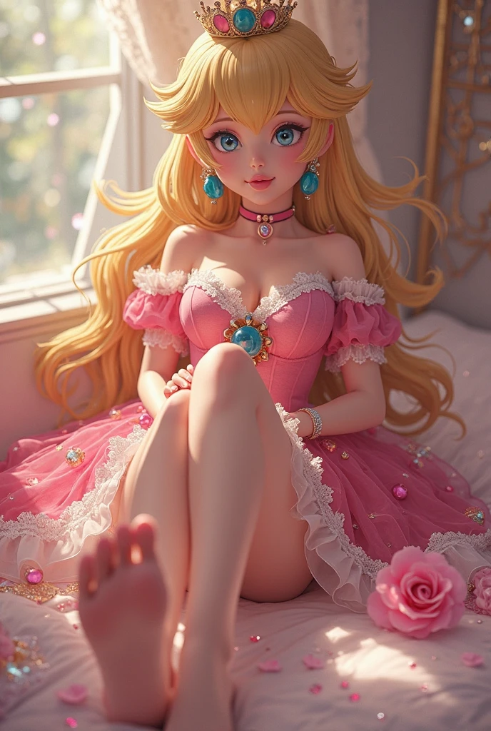 1 girl, Princess Peach, blonde hair, blue eyes, (frilly), gentle, gentle light, soft, soft light, delicate, happy, jewelry, frills, dripping, cum, vagina, small breasts, (pink dress, white frilly thighhighs), sweet