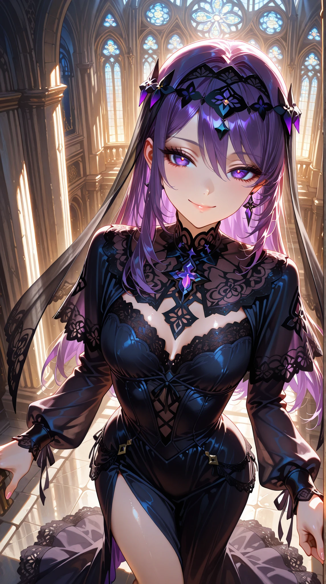 (masterpiece, best quality:1.5), (ultra detailed, high resolution, 8k, beautiful detailed, UHD, best anatomy), purple hair, medium breasts, devil king, Castle of the Demon King, dark night, eerie, ominous, Eerie Smile, madness, the supremacy of a devil king
