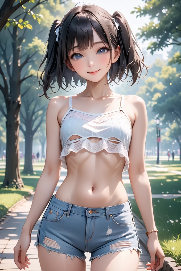 cute、1 girl、bag、Black Hair、chest、Brown eyes、Earrings、Front tie top、gift、Grass、ハンドbag、Heart-shaped box、jewelry、lipstick、Makeup、marker \(middle\)、middle乳、belly button、belly button、Nipples、Outdoor、Painting \(medium\)、plant、See-through、short hair、Shorts、Shorts、solo、Tank top、Traditional Media、ベリーshort hair