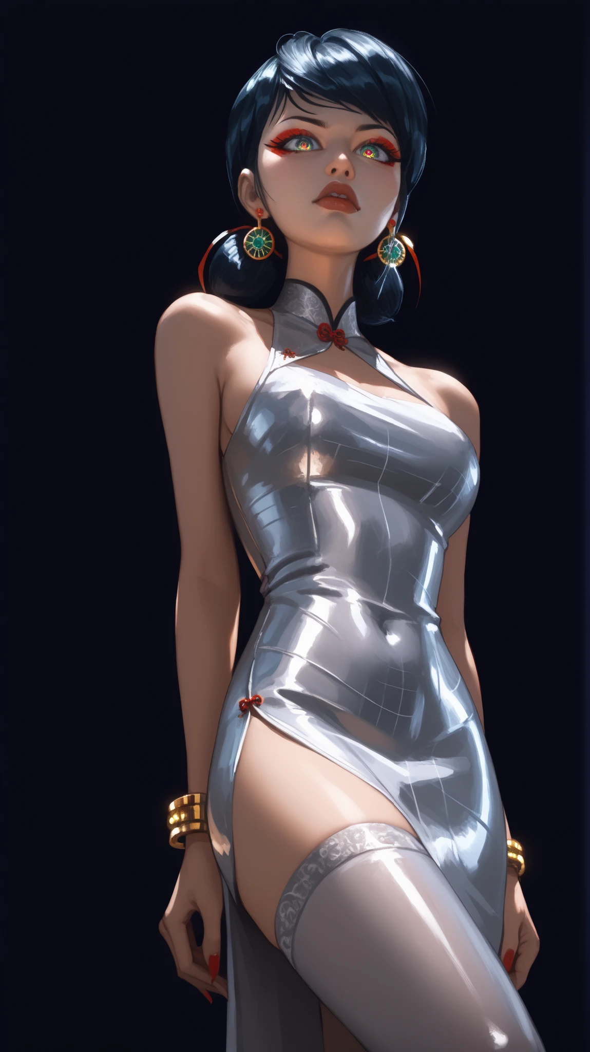 Metallic liquid silver latex Chinese Dress with open chest,   Thick lips、depression、20 years old、woman、Long skirt、 red cheeks 、 dark lips、 long straight black hair、 dark background、chocker,   gold bracelet,      elegant,   sexy,   striking,   charismatic,   seductive look,   alluring look,    determined look,    strong eyeliner,   mesmerizing eyes,   graceful,   perfect make up   ,natural beauty,   magnetic, charismatic,   versatile,   photogenic,   backlit,   round earrings,   view from below,   UHD,   High Quality,   looking at below,   standing ,   spreading legs,   In a hall,    nightclub green neon light,   stockings,