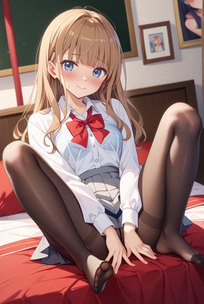 1girl, solo, long hair, breasts, looking at viewer, blush, smile, bangs, skirt, blonde hair, brown hair, shirt, thighhighs, long sleeves, bow, brown eyes, sitting, closed mouth, , jacket, full body, white shirt, braid, thighs, pleated skirt, collared shirt, indoors, bowtie, red bow, feet, white thighhighs, lips, legs, parted bangs, plaid, toes, plaid skirt, no shoes, blazer, blue jacket, red bowtie, knees up, on floor, chalkboard, asuna \(sao\)