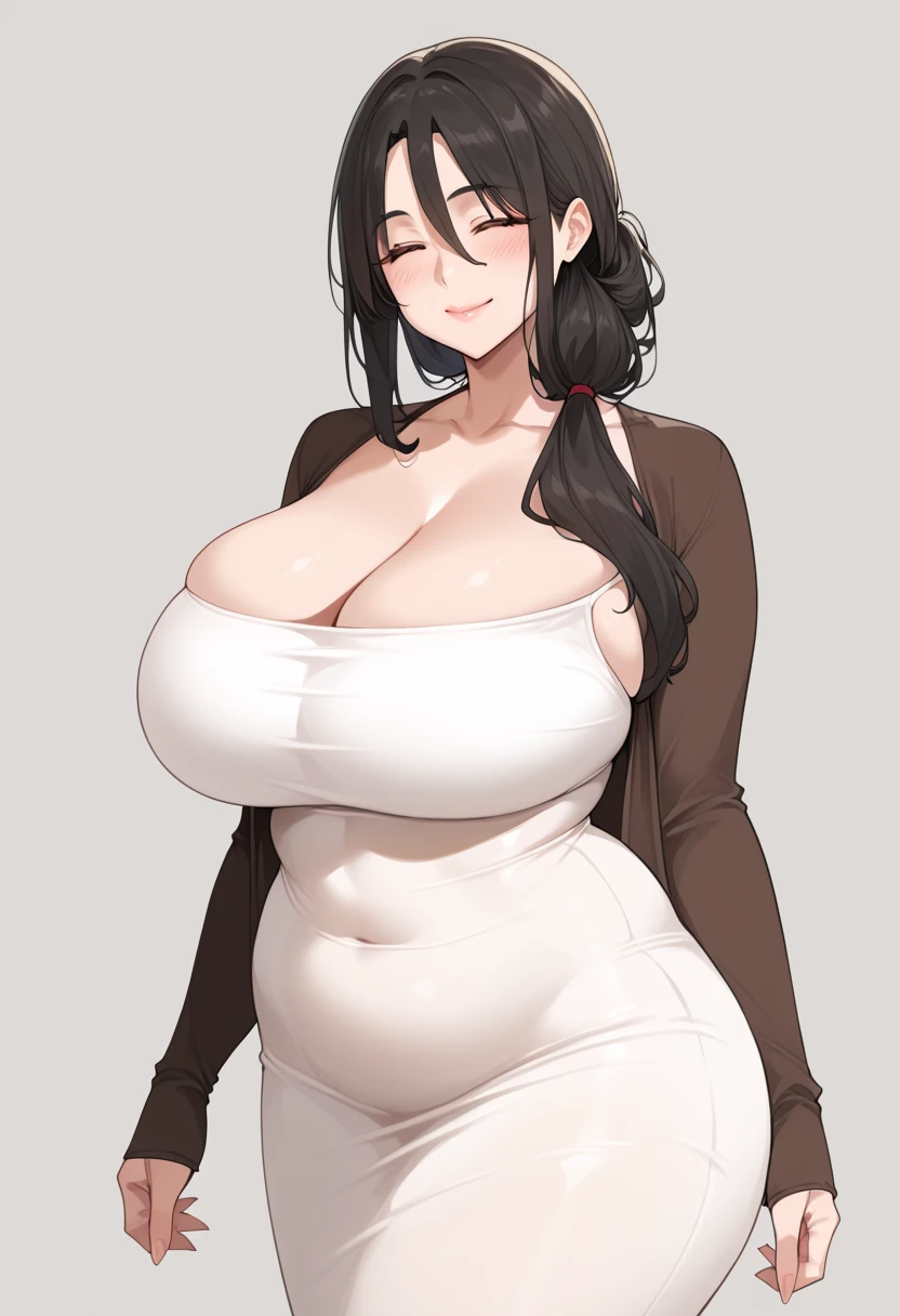 1girl,solo,Mature Woman,Black Hair,long hair,brown eyes color,Glasses,mother,gentle,kind face,Super huge breasts,Flabby thighs,wipWhipped thighs,knit with vertical lines accentuating the lines of the body,jeans that accentuate the body's curves,necklace,standing up,Looking at this,Inclusive,White background,