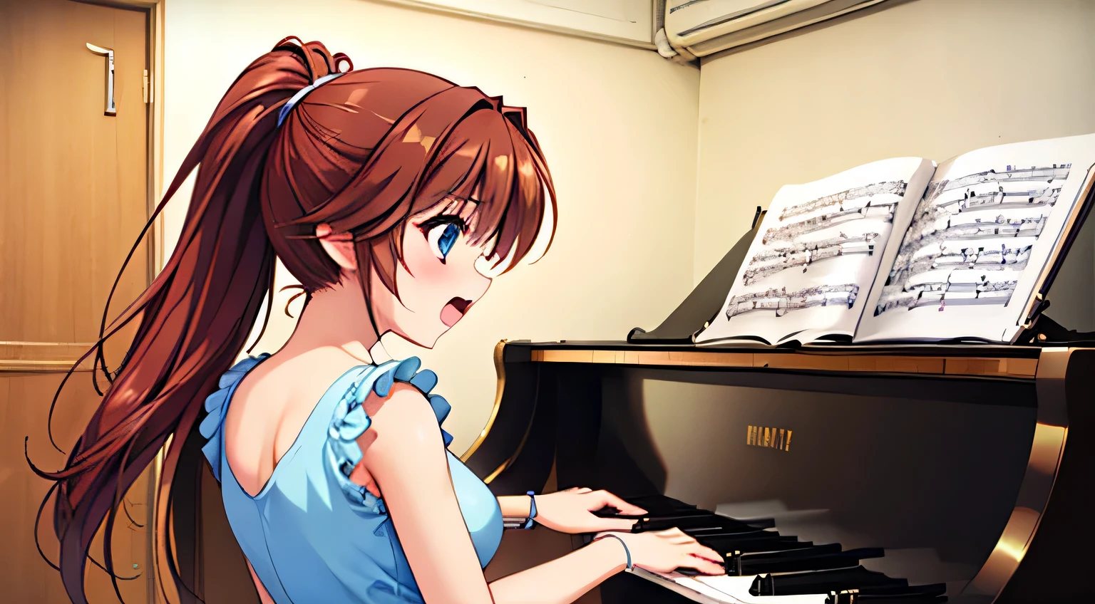 a beautiful woman singing at an irish pub, leaning on a grand piano in a sexy dress, short hair, ghibli-like art style,Dandy gentleman playing the piano, beautiful woman singing at the microphone stand.