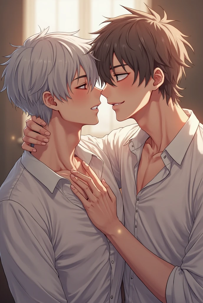 Light brown-haired nurse with dark hair and white-haired nurse with light brown hair kissing, they are both men, real
