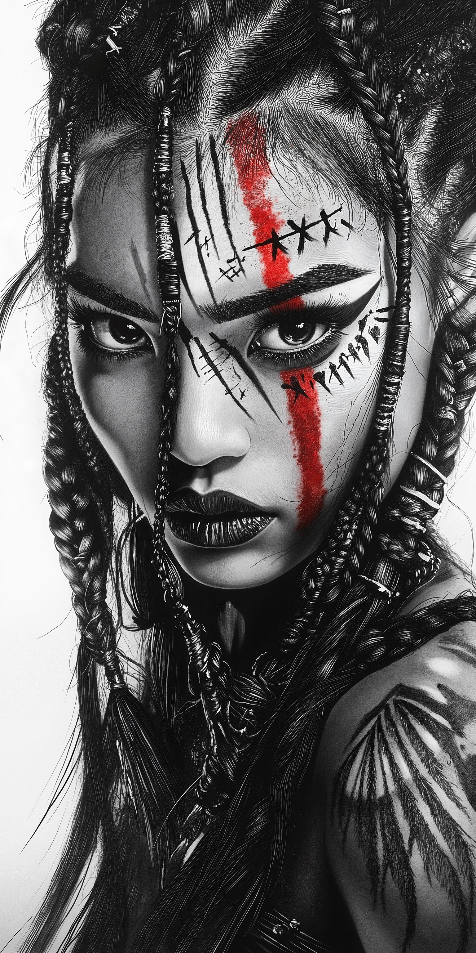 black and white drawing of a Asian warrior woman with braided hair, wearing war paint on her face, --style raw --v 6.1