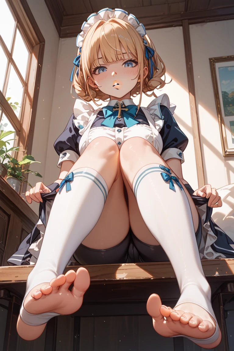 Best image quality, masterpiece:1.2), (Super detailed illustration), Browsing Caution, (Cute Princess:1.3), (1 girl:1.2), (very beautiful little princes:1.3), (12 years old:1.3) (1 girl:1.2), alone, (Shoot from very low:1.3) ,(Condescending look:1.3), , Browsing Caution, Black high-leg retard, , whole body, Round baby face. ( Blonde short hair), Underarm, (White thigh-high pantyhose:1.4), ((((Open your feet wide Showing off pussy:1.5)))、Underarm, Wicked Smile, Mean face, A girl's bratty smile, Luxurious palace room, Fancy Room, RPG Royale, Beautiful feet, Show the soles of your feet,、((((Semen coming out of pussy:1.5)))))、、、、、、 (Gorgeous sleeveless queen blue dress with roses:1.3), , (Underarm), Spread your legs, White panties:1.3), whole body, , , (Wicked Smile, Nasty expression), Luxurious palace room, Fancy Room, RPG Royalty,、、