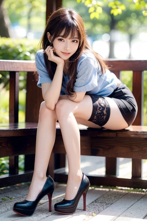 ulzzang -6500-v1.1, (Raw photo:1.2), (Photorealsitic), a beautiful detailed girl, (Real: 1.4), extremely detailed eye and face, beatiful detailed eyes, ((Neat and clean dress、sitting on a park bench))、((Ultra-realistic stockings:1.2)), Skirt and thighs、huge filesize, hight resolution, ighly detailed, top-quality, [​masterpiece:1.6], illustratio, ighly detailed, nffsw, finely detail, top-quality, 8k wallpaper, Cinematographic lighting, 1girl in, 17 age, perfect body type, cute droopy eyes beautiful big eyes、Pieckfinger, ((masutepiece)), Best Quality, 1girl in, eye shadow, Upper body, Portrait, ((FULL BODYSHOT:1.4))、(Very affectionate smile:1.2)、realistic skin textures、shinny skin、Exposed thighs!!!