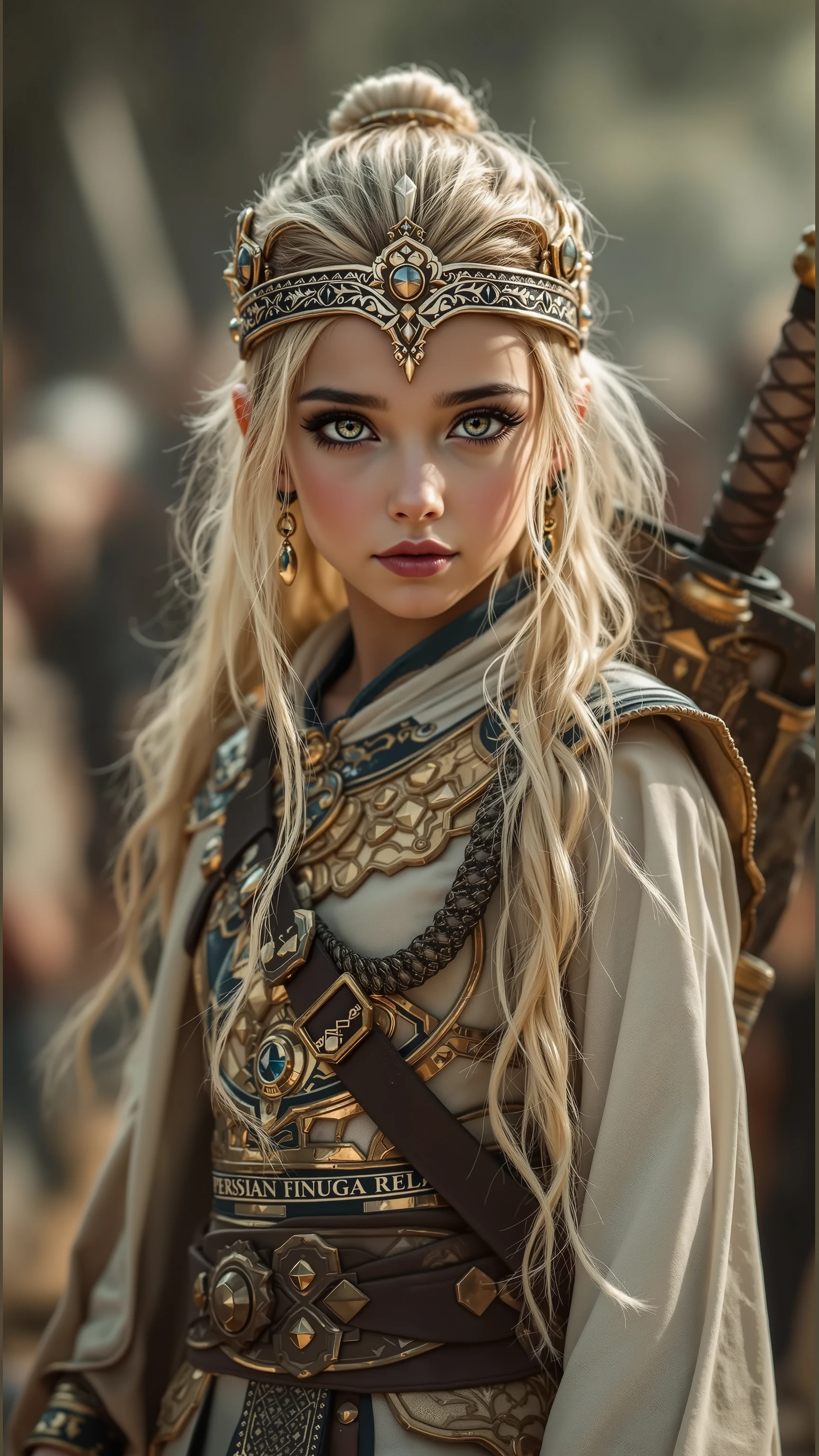 a professional photo of a exceptionally of the most beautiful girl in the world, (), Safiya (futuristic),(masterpiece), (realistic), (perfect anatomy), flawless skin, large beautiful brilliant Forest Tea golden-silver-brown eyes, black eye liner, light pink blush, dark black eye shadow, small dimples in cheeks very long blonde hair, (dressed as a Persian Emperor warrior) standing in a roman battlefield, ninja sword, strapped to her back, (8k), (high res),ultra-detailed, photo-realistic, front view, highly detailed, volumetric, dramatic light Perfect graphics, ultra-detailed, photo-realistic, full image view, full body view, front view