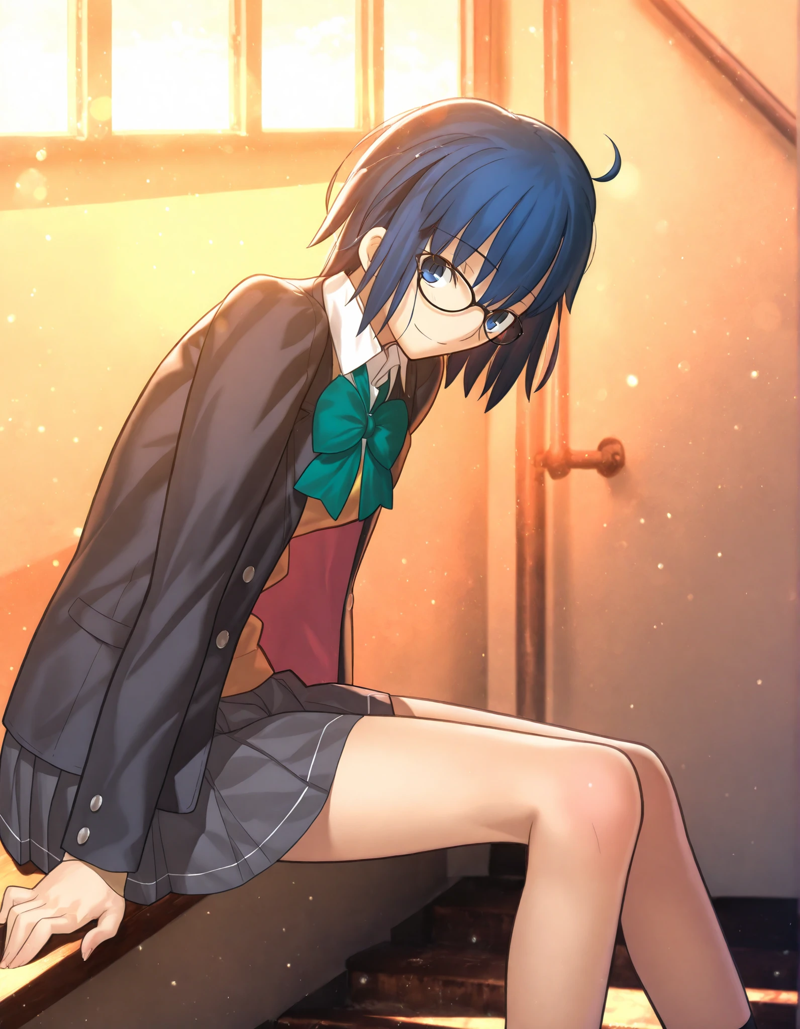masterpiece, , absurdres, highres, detailed background, high resolution, masterpiece, necessary, detail, best quality, quality, necessary, details, High details, Precise, 8k indoors, (school, , colorful light particles, powder light,),day lens flare, blurry background,(from side, from above,),(school stairs),
1girl, Takeuchi Takashi (type-moon,tsukihime) style, takeuchi takashi style, (aged up),(blue sky), sitting,(long legs) ,
girl, (slender body, slim arms, slim bod), solo, el3gymaster ,ciel \(tsukihime\) ,blue eyes ,blue hair ,glasses ,short hair,(black-framed eyewear ,school uniform ,open jacket ,green bowtie ,yellow knit, white undershirt ,grey skirt, pleated skirt,), (medium breasts),(looking at viewer), light smile, leaning forward, , ,