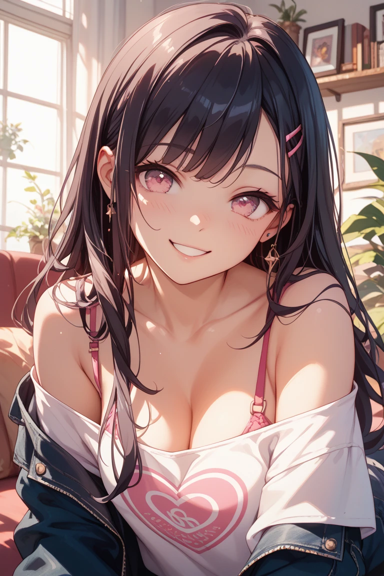 (8K、highest quality、masterpiece:1.2)、Super detailed、super resolution、Realistic、(1girl)  、(black hair)、long hair,straight hair,red eyes、forehead,squatting,(face focus,cowboy shot),(white bra white panties only)、(grin:1.3),open mouth、cute face,blush、large breasts,(simple background),