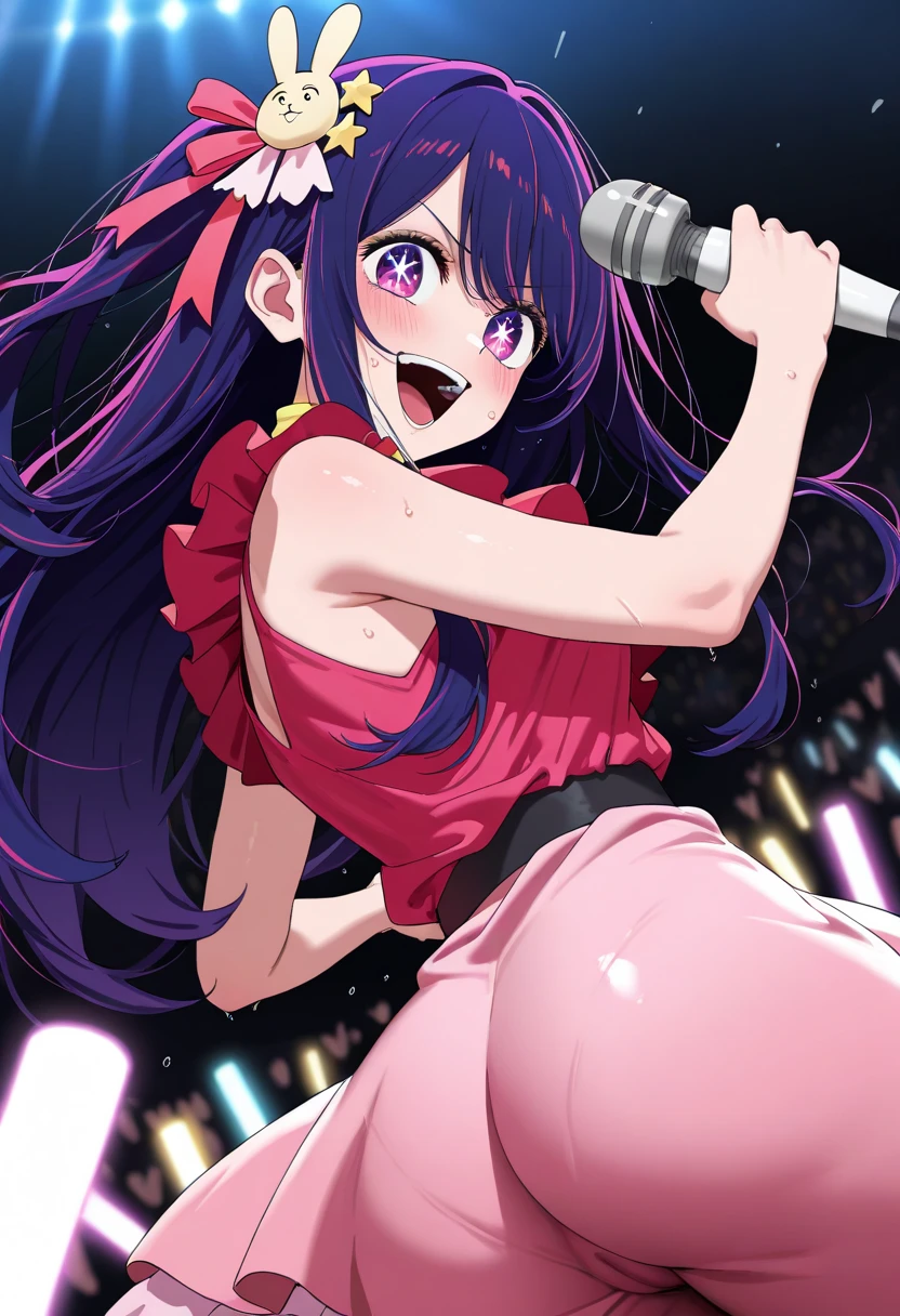 shinkai makoto, kimi no na wa., 1girl, 1boy, bangs, black hair, short hair, blush, brown eyes, (boy wear shirt, jacket, pants), ((girl wear idol dress, collarbone, red ribbon, pink bikini, pink skirt, short skirt, Off-the-shoulders, black thighhighs)), bracelet, smile, cute, love, couple, adorable, dating, outdoors, looking at viewers, open mouth, singing, concert, stage, dynamic pose