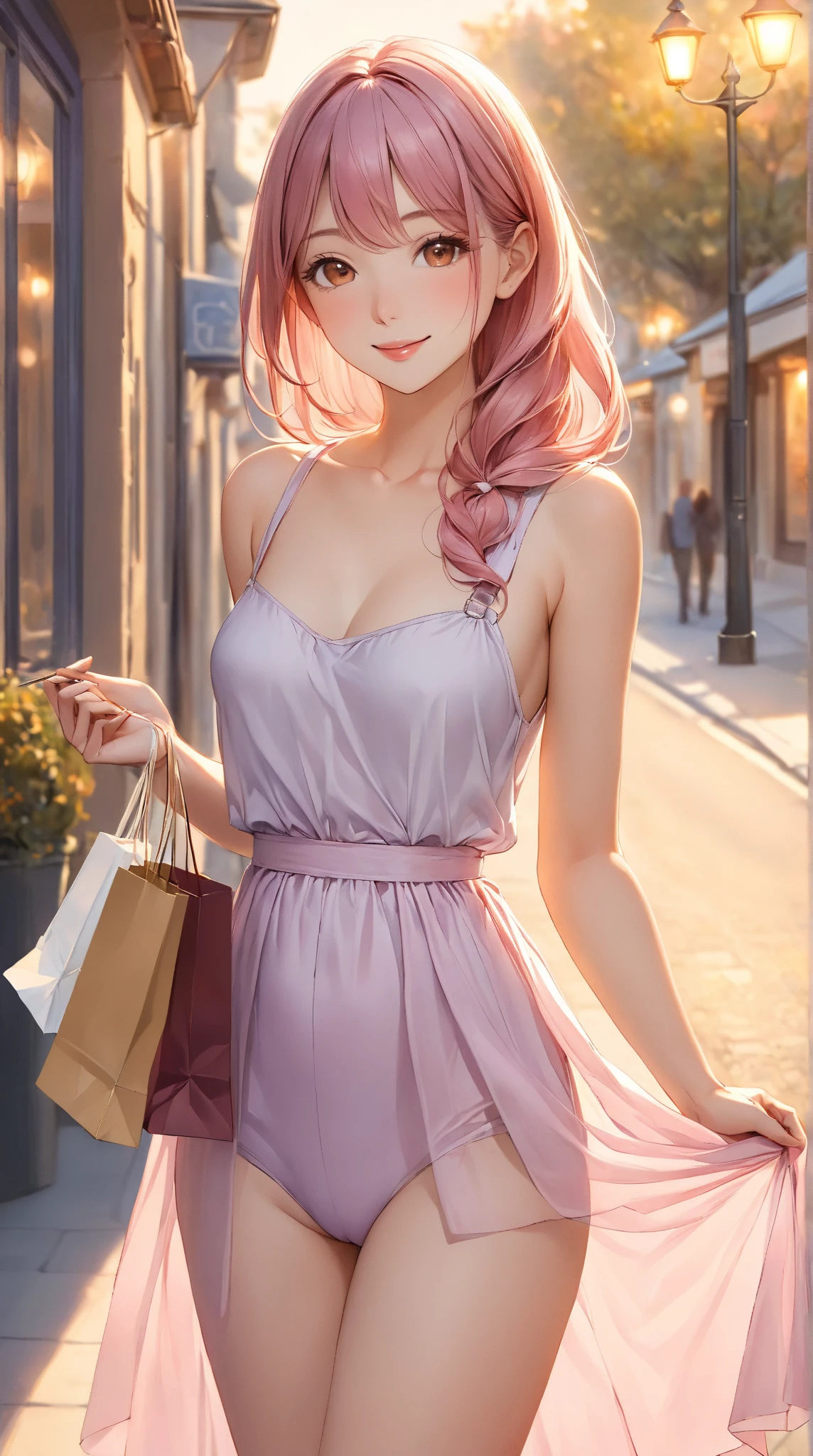 score_9, score_8_up, score_7_up, score_6_up, 1girl, (source_anime), thick lips, brown eyes, pink hair, wavy hair, pink bear ears, dark skinned female, long hair, large breasts, wide hips, detailed, high quality, city, night, alley, glittery skirt, pink mini skirt, breast straps, glitter, lace, pink, nip slip, lace, shhh, finger to lips, holding money, smirk,