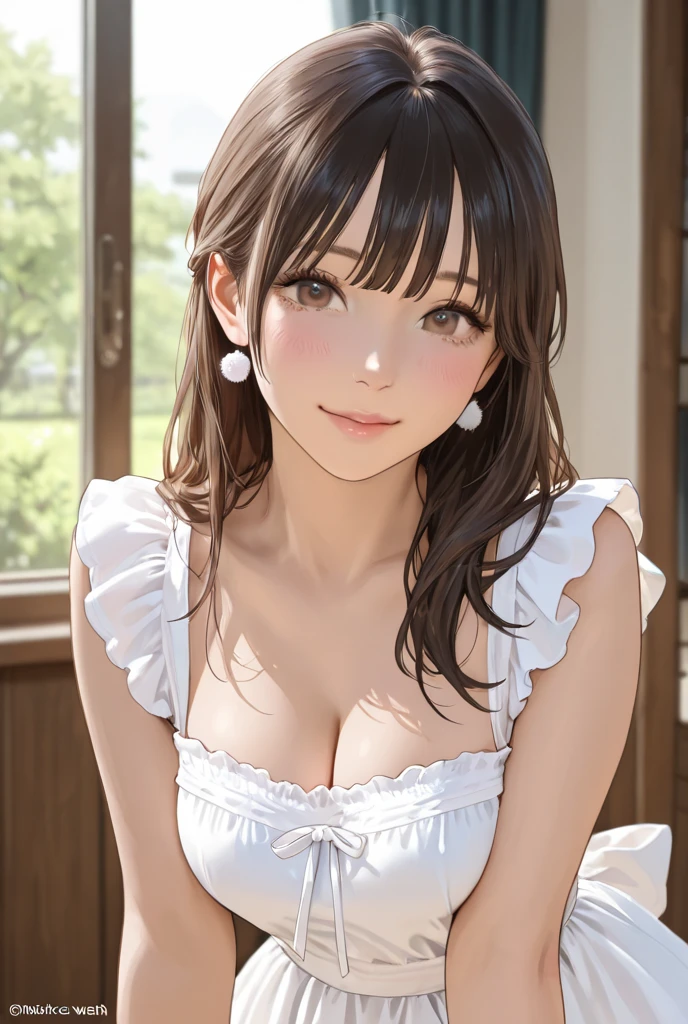 masterpiece, Highest quality, One Girl, Thighs, beautiful girl, Flowers, たくさんの小さなflower, flower、Tight waist, RAWphotograph,Bright lighting、Face Light, Ultra-realistic, High resolution, photograph, Sharp focus, Highly detailed eyes and face,Symmetrical face, whole body、Big Breasts、Long Hair、チラリと見えるThighs、Emphasized cleavage、Her hair was tied with a big red ribbon.....、White high heels、White knit、Embarrassing、smile、High Jump
