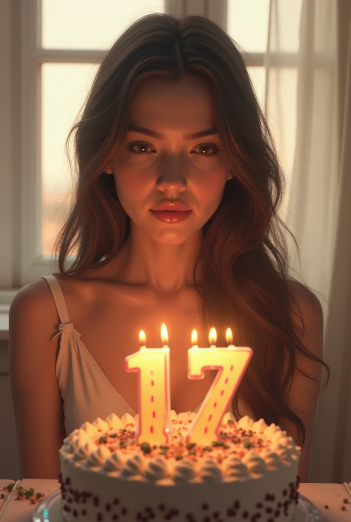 The beautiful women cut she's birthday cake alone ( use knife ) on the cake 20 latter number candle and she face full of sadness and background "Happy Birthday To Me " banner and she's waring black dress with full sleeve and cover nack