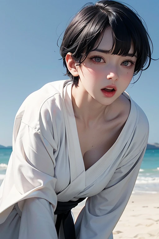 (Surreal) , (Like the picture:1.4),(Increase the resolution), (8k), (Very detailed), (Beautiful and fine details), (highest quality), (Ultra-detailed), (masterpiece), (wallpaper), (Detailed face), solo,1 girl, perfect beautiful japanese woman:1.4、19 years old、Looking at the audience, Subtle details, Detailed face, Cloudy, Deep Shadow, Close one eye,Free expression,Short hair silver color,The beach is blurred