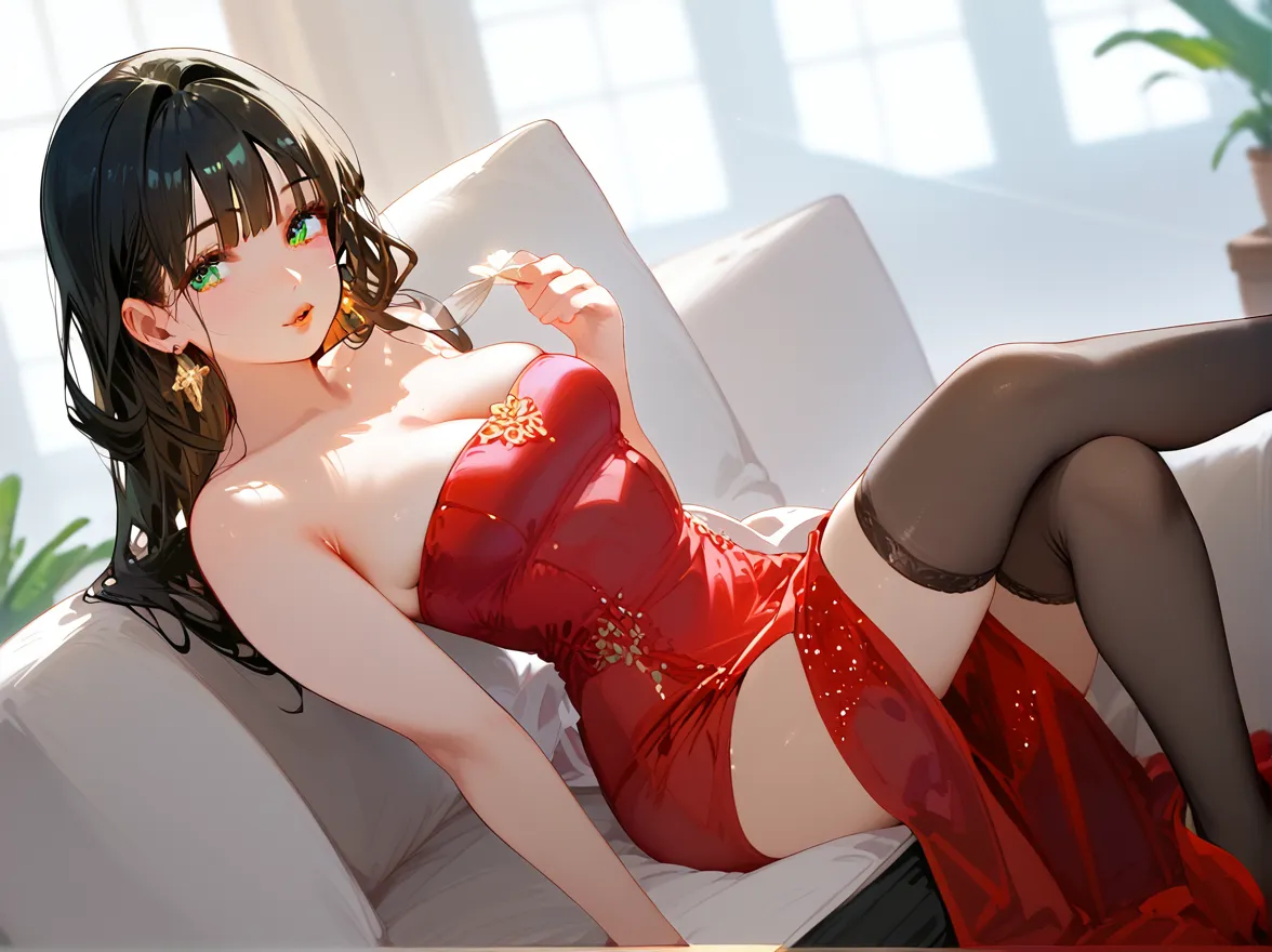 (best quality, highres, masterpiece:1.2), ultra-detailed, (realistic, photorealistic, photo-realistic:1.37), HDR, UHD, studio lighting, ultra-fine painting, sharp focus, physically-based rendering, extreme detail description, professional, vivid colors, bokeh, portraits, beautiful detailed eyes, beautiful detailed lips, extremely detailed eyes and face, long eyelashes, 1 girl, hot and mature woman, graceful dress, sitting on a throne, slim figure, white skin tone, sexy legs, long straight hair, sexy lingerie, sexy postur