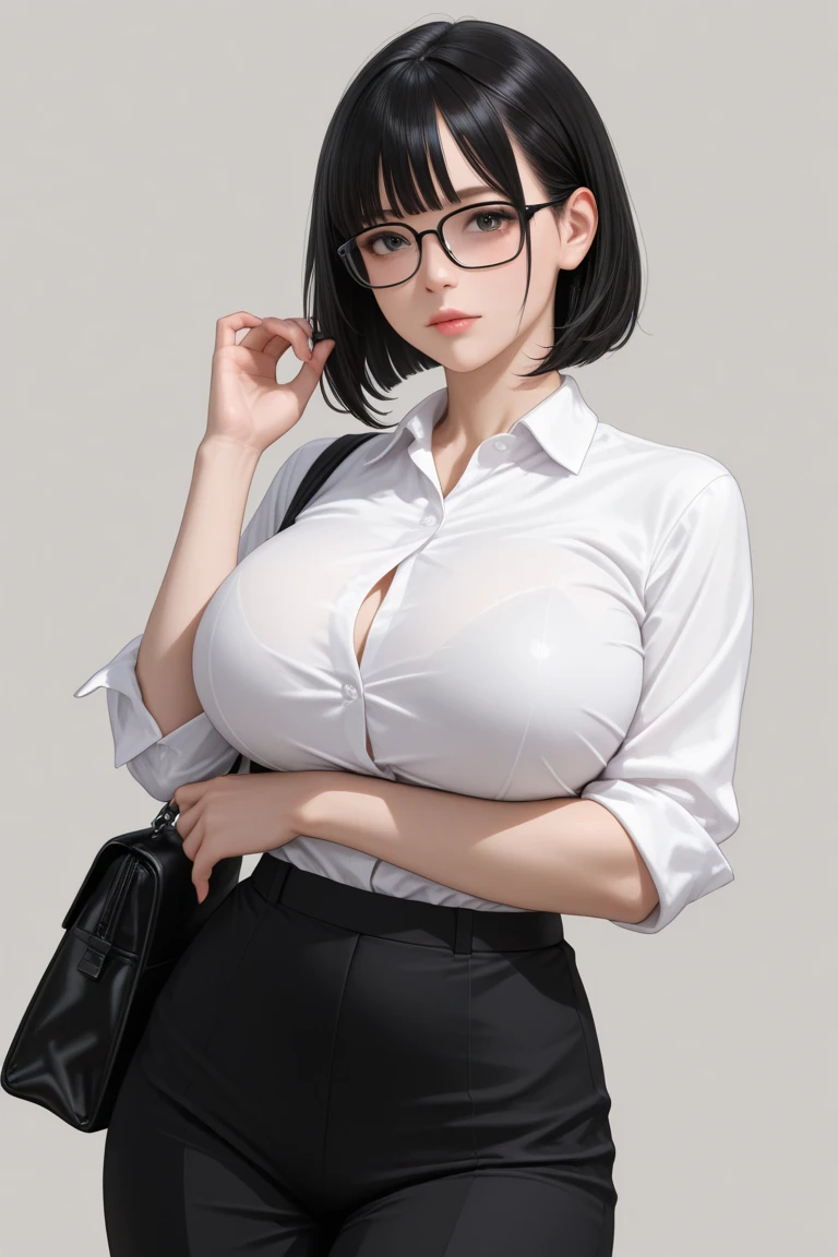 black short hair Glasses white blouse black tight skirt stockings lanyard id card 35 years old red rouge plump lips round face Plump Eyes meet Office on the top floor of a skyscraper secretary