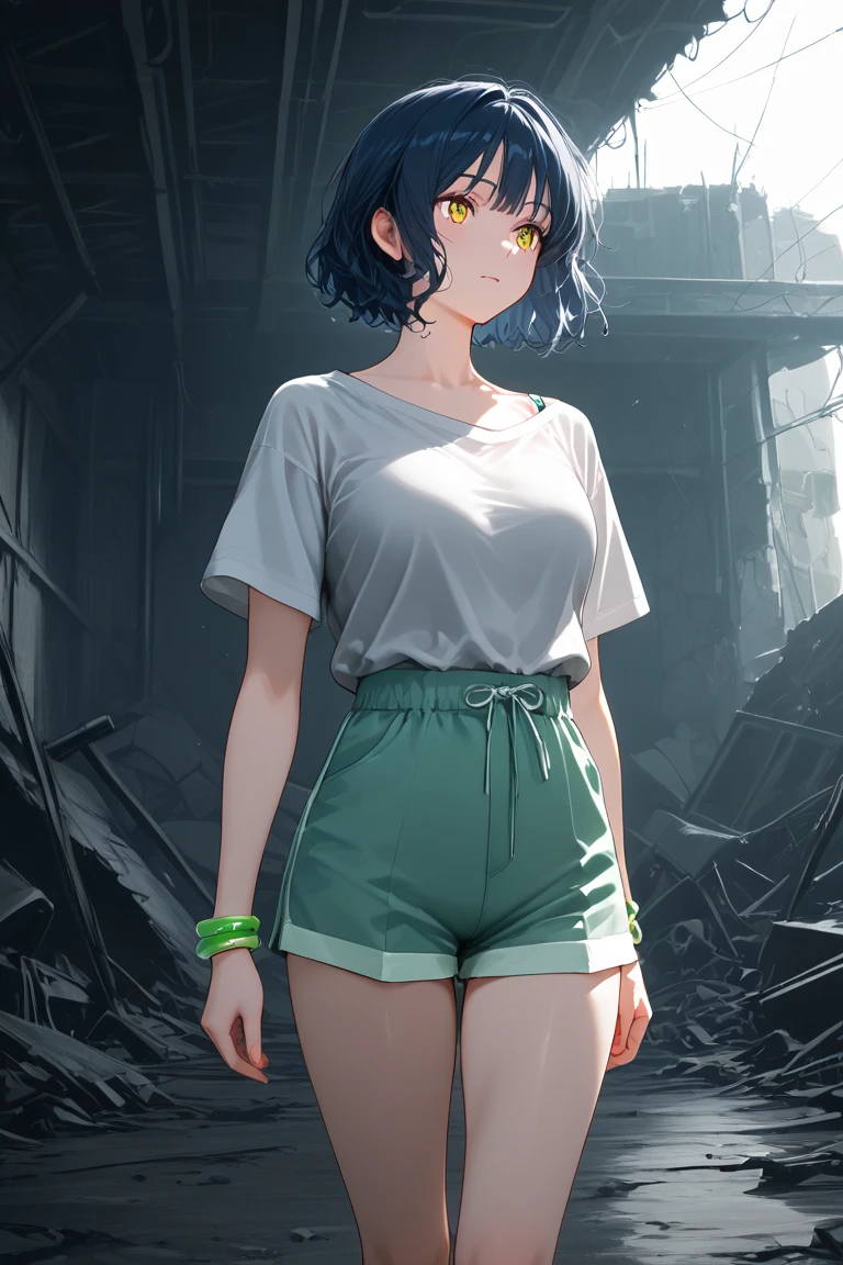 A slender mature woman in red twin tails, patchwork short T-shirt and checked micro mini skirt, steamy and wet with drops, arms together, look this way