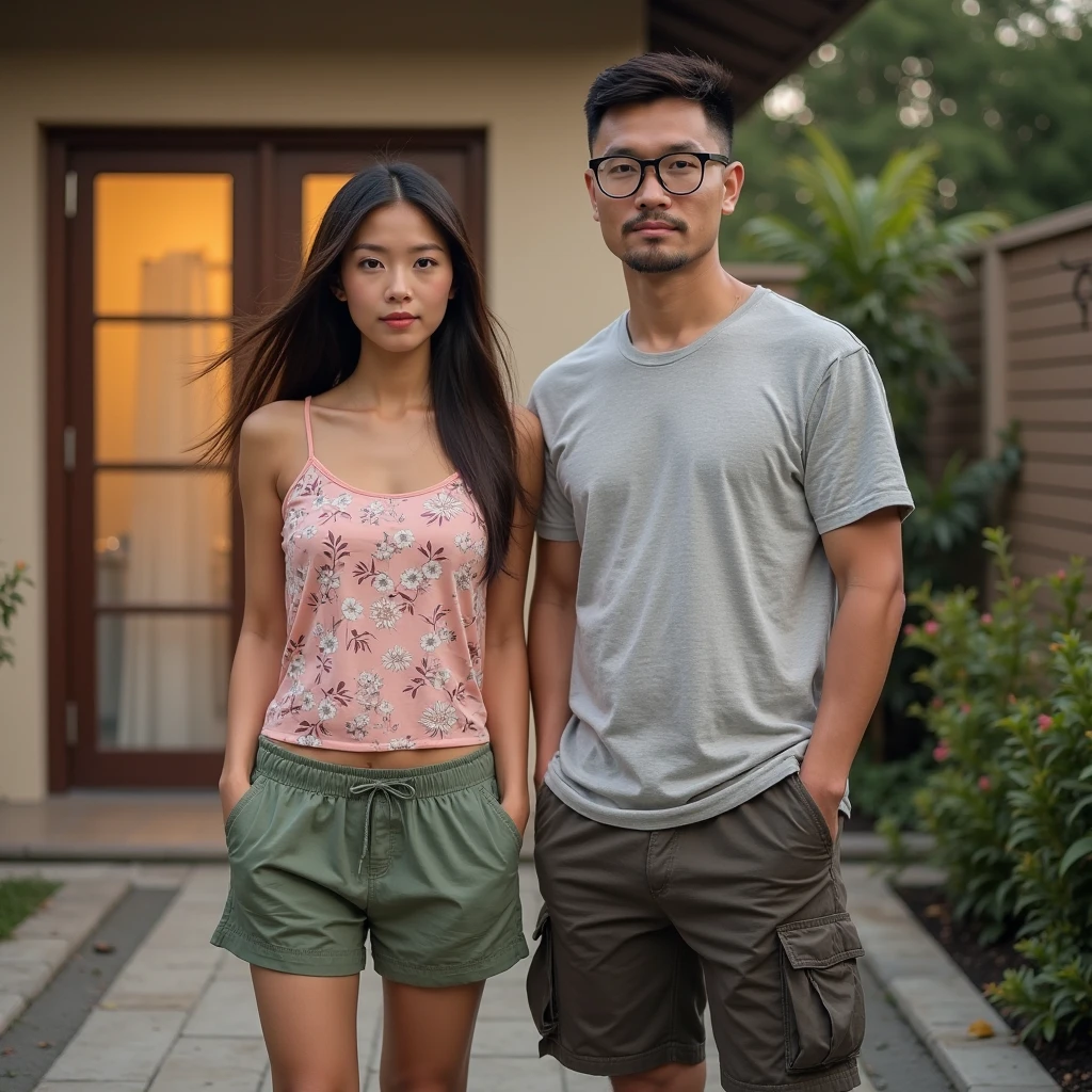 Medium shot of a 35 year old indonesian man, fit body, ideal body, oval face, white skin, nature skin, medium hair, wearing a shirt , side by side with a 30 year old indonesian woman with, pink crop top, they smile facing the camera, eye to camera, eye level angle with City view in the background