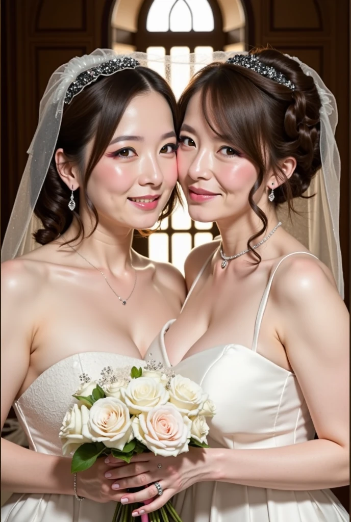 (((Pixel Perfect, Perfect details))), Solitary, 2 girls,Holding tightly with both hands,bride, yuigahama yui, Keep your mouth shut,pink glossy lips,bride子穿著bride禮服的特写,Gulwitz, (((bride頭紗))),(Transparent short veil),blush,Eyeshadow,Blushing face,Head flower,headgear,((Bouquet)),((((tube top wedding dress)))),(((Strapless Wedding Dress))),(Bare shoulders),Pure white dress,(necklace),((earrings)),(large breasts:1.3),Bangs,Lipstick,((White long elbow gloves)),Half-length photo,High Detail RAW Color Art,White long skirt,There is a railway track next to it,(standing on the railroad tracks:1.3),18 years old, (Long twin tails:1.5),(Double bun:1.5), Black Hair,