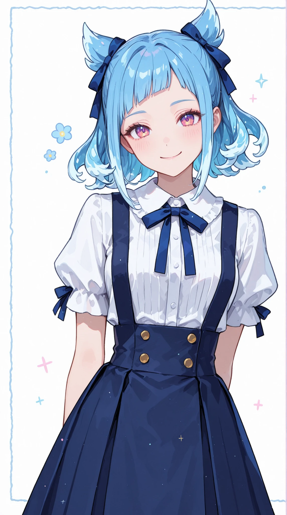 womanhood, Smiling, wave short twin tail hair, ribbon, suspender skirt, 