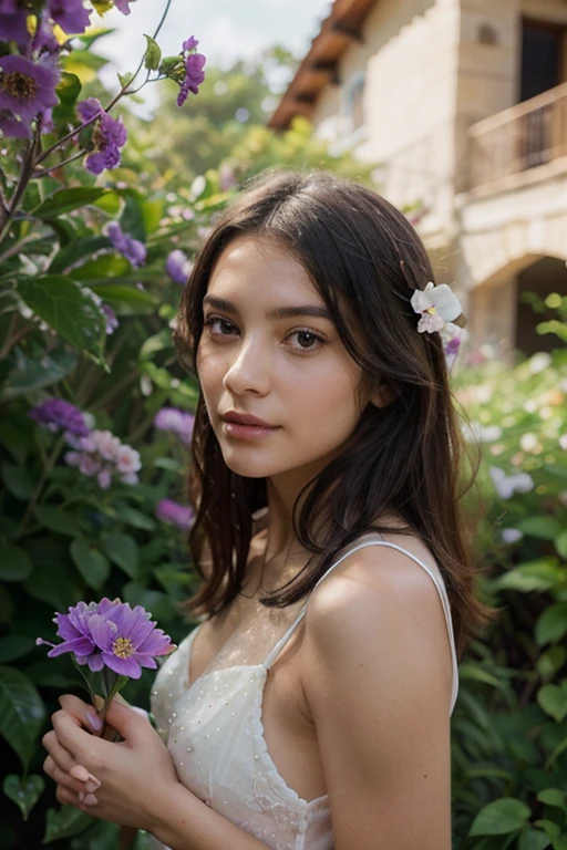 (best quality,ultra-detailed,photorealistic),young latin woman,beautiful eyes,detailed lips,pensive expression,soft lighting,vibrant colors,,long flowing hair,stylish outfit,garden background,colorful flowers,natural sunlight,serene atmosphere