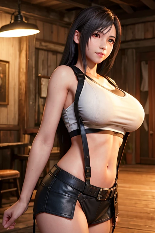 tifa, semidesnuda, Sujetador diminuto, en ropa interior de encaje con dibujitos, pose sensual, culo redondo, big breasts and light brown eyes. 8K, mejor calidad, obra maestra: 1.2