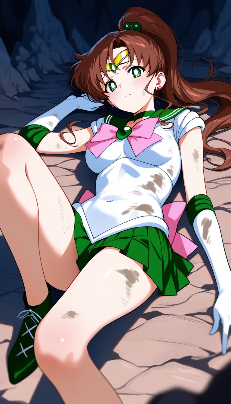 masterpiece, best quality, highres, hmjupiter, closed eyes, ponytail, tiara, jewelry, sailor senshi uniform top , green sailor collar, choker, elbow gloves, white gloves, pink bow, brooch, leotard, green panties, unconscious, decubitus supine, lying in the floor arms open Horizontal, legs open front to front, anime 90s