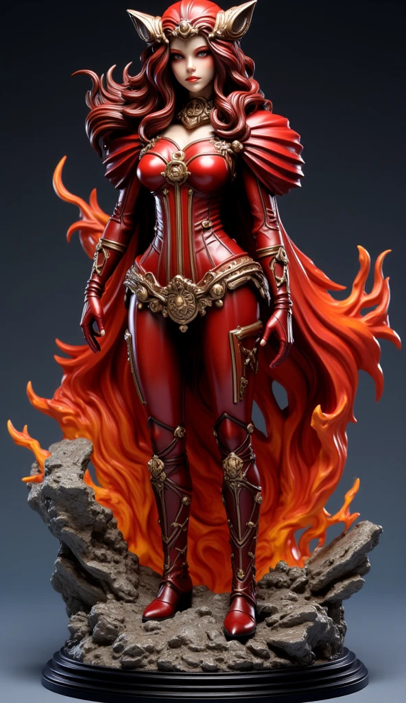 A close-up of a person wearing red clothing and a cat, 3D Character Reference Table, Feminine body, Red Devil Armor, full body devil woman, Actress, Lady in red armor, Deep Crimson Aura, Skinny red leather armor, Crimson Attire, comic book:.2 | Unreal Engine:.3