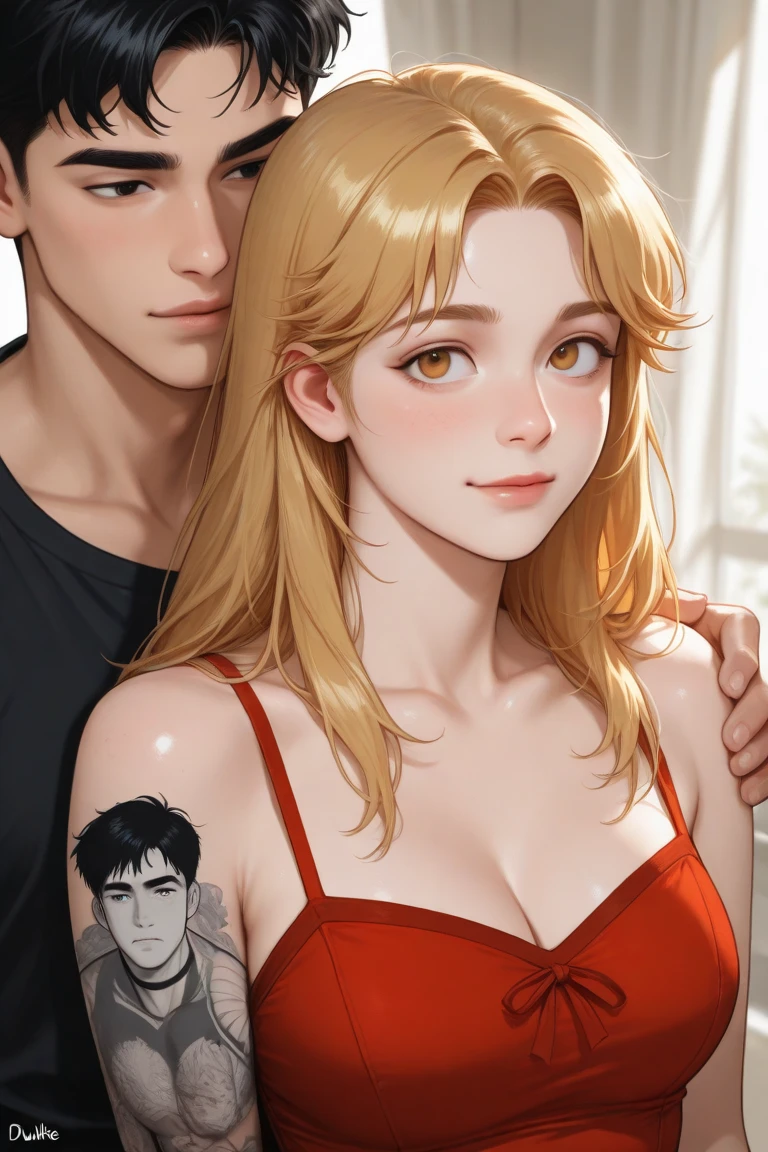 (masterpiece, best quality, super detailed, beautiful details eyes, Clean and delicate face), Super realistic, 1 lady and 1 young boy, upper body, (((She is holding the young boy in her Great breast with great joy, The young boy buried his face in her chest and Ecstatic))), The lady is blonde pony tail, wearing white tank top, A red cherry tattoo near her Collarbone, Great breasts are Great Weapon for young man, Beautiful Art Ultra HD 8K, 8K highly detailed digital art, background blur