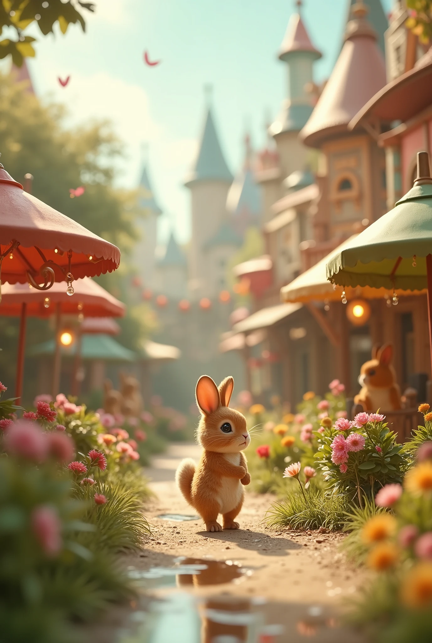 Miniature photography, Dreamland、Wide Shot, Bokeh, From above, Theme Parks add some animals in this and also make a short video in which these animals are walking