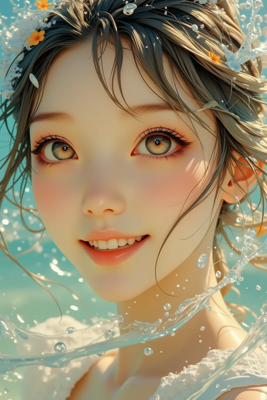 there is a woman in the water with oranges floating on her head, by Yanjun Cheng, artwork in the style of guweiz, guweiz, inspired by Yanjun Cheng, by Yang J, ilya kuvshinov. 4 k, loli, guweiz on pixiv artstation, guweiz on artstation pixiv