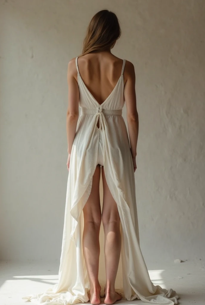 Kate Mara (age 25, airy sheer white elegant gown), camera low looking up at her butt and a starry sky, a few tiny space ships fly across the sky, lush ocean world
